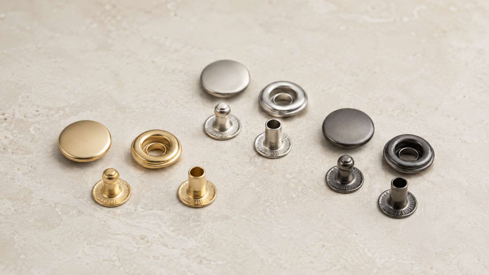 snap button types, Different snap button types in gold, silver, and black finishes are displayed with separate cap, socket, stud, and post components.